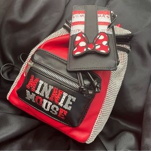 2 Pc Minnie Mouse Sequin Bling Mini Backpack Matching Credit Card Coin ID Holder